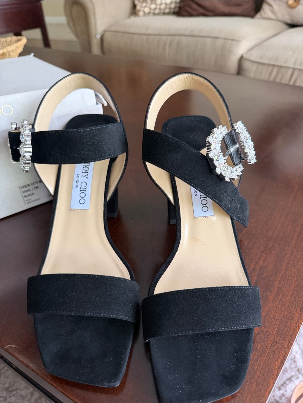 Jimmy Choo Black Suede Crystal-Buckle Block Heel Sandals nwt size 40.5 - Picture 3 of 10